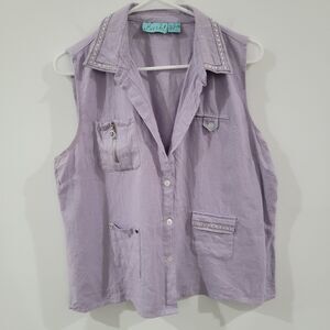 Vintage Womens Linen Button Up Shirt Size XL Purple Rhinestones Western